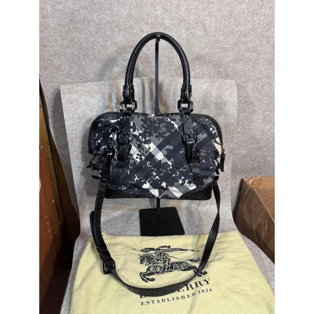 Burberry Floral Beat Check Foley Satchel Bag Patent Leather Crossbody Y2K